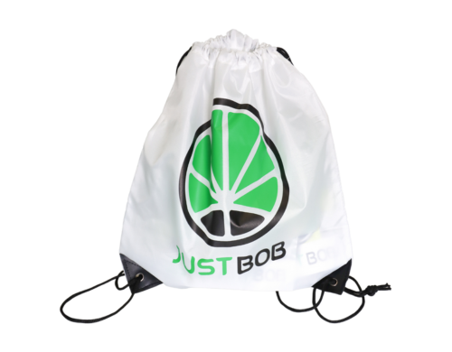Mochila blanca con logo verde de JustBobShop para marihuana CBD