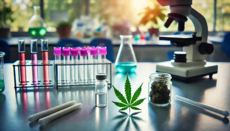 mesa de laboratorio con tubos de esanyo y una hoja de cannabis
