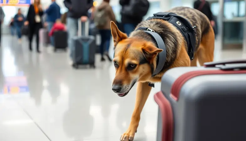Un perro antinarcóticos olfatea maletas en un aeropuerto | Justbobshop
