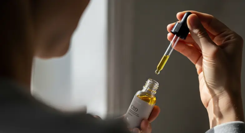 Una mujer con una botella de aceite de CBD en la mano | Justbobshop