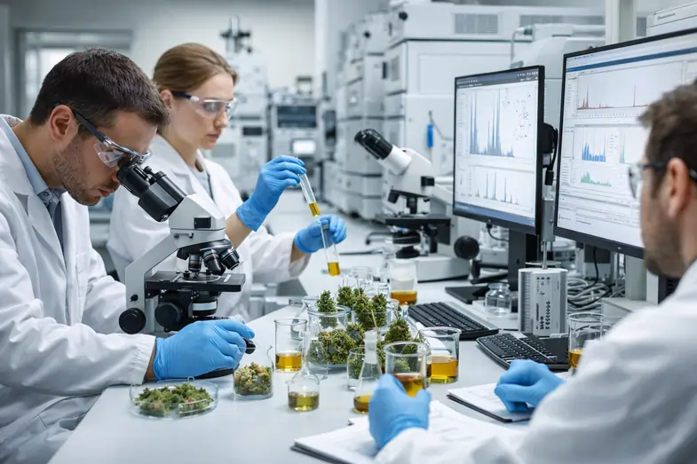 Investigadores científicos en laboratorio realizan experimentos y analizan en profundidad el THCB | Justbobshop