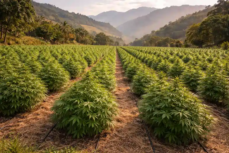 Cultivo de cáñamo al aire libre en América Latina destinado a producción de biomasa para extracción. | Justbobshop