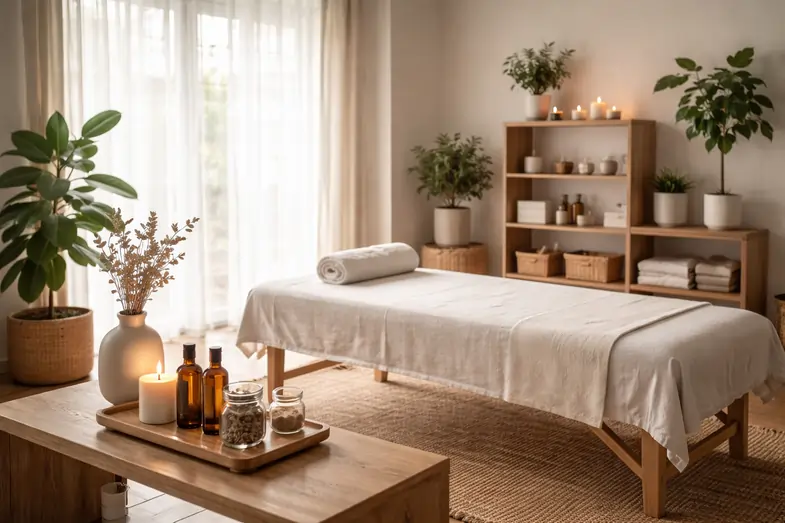 Espacio de bienestar integrativo con ambiente relajante y elementos botánicos en entorno minimalista. | Justbobshop