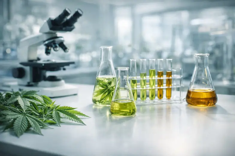 Un laboratorio científico con probetas y cannabis con fines de investigación | Justbobshop