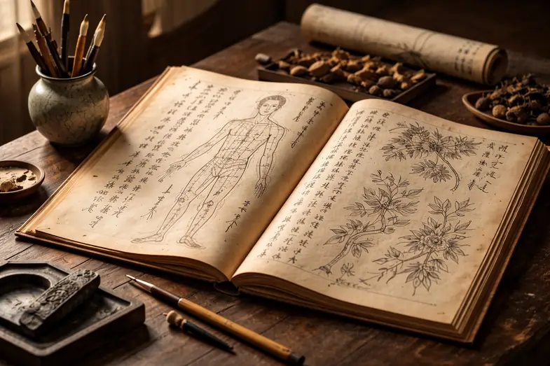 Manuscrito antiguo de medicina tradicional china con ilustraciones de meridianos y botánica clásica. | Justbobshop