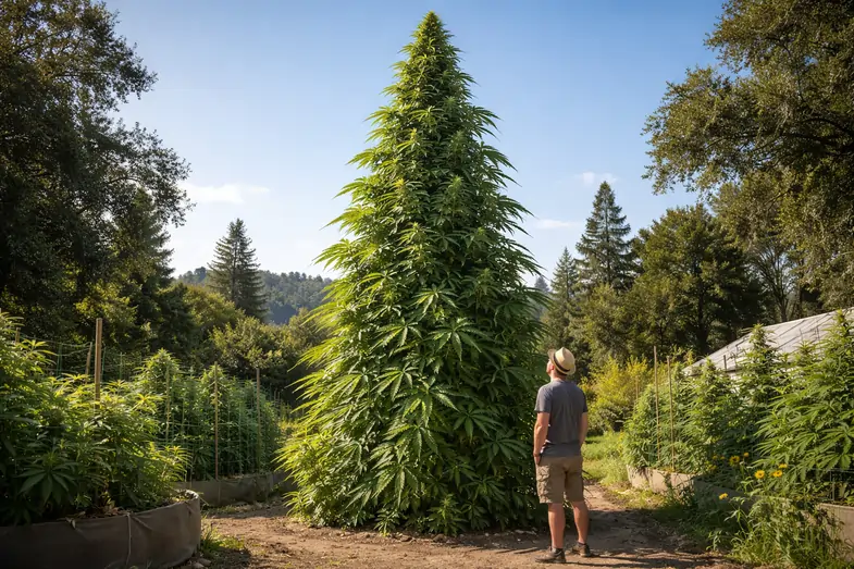 Un chico con sombrero y pantalones cortos observa una planta de cannabis muy alta | Justbobshop