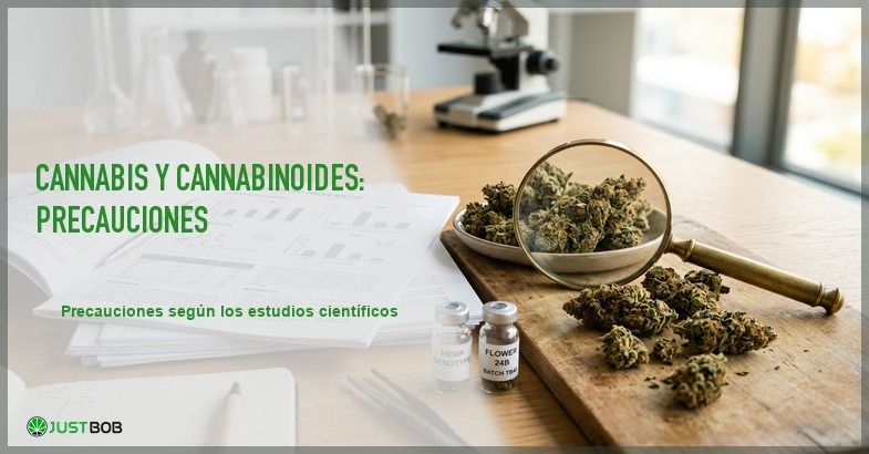 Articulos de investigacion medica y una lupa junto a flores secas de canamo CBD sobre un escritorio limpio