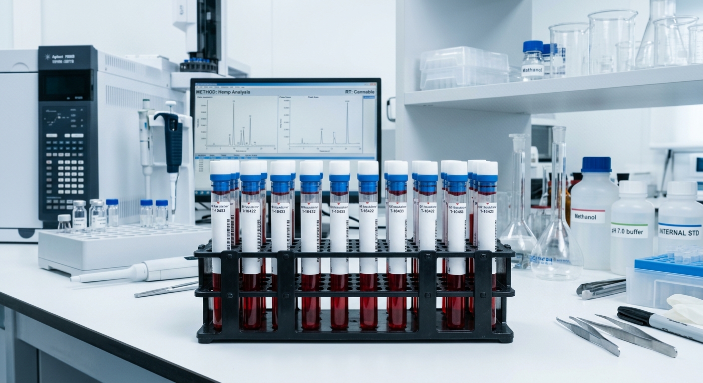 Tubo de muestra de sangre etiquetado para análisis toxicológico forense en laboratorio acreditado