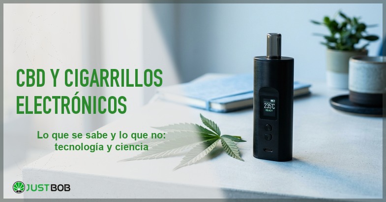Dispositivo vaporizador electronico moderno junto a una hoja de canamo sobre un escritorio minimalista